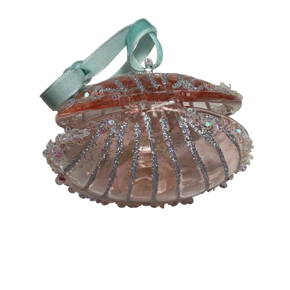 Pink Glitter Seashell Ornament With Pearl Center & Ribbon Hanger - Picture 3 of 4